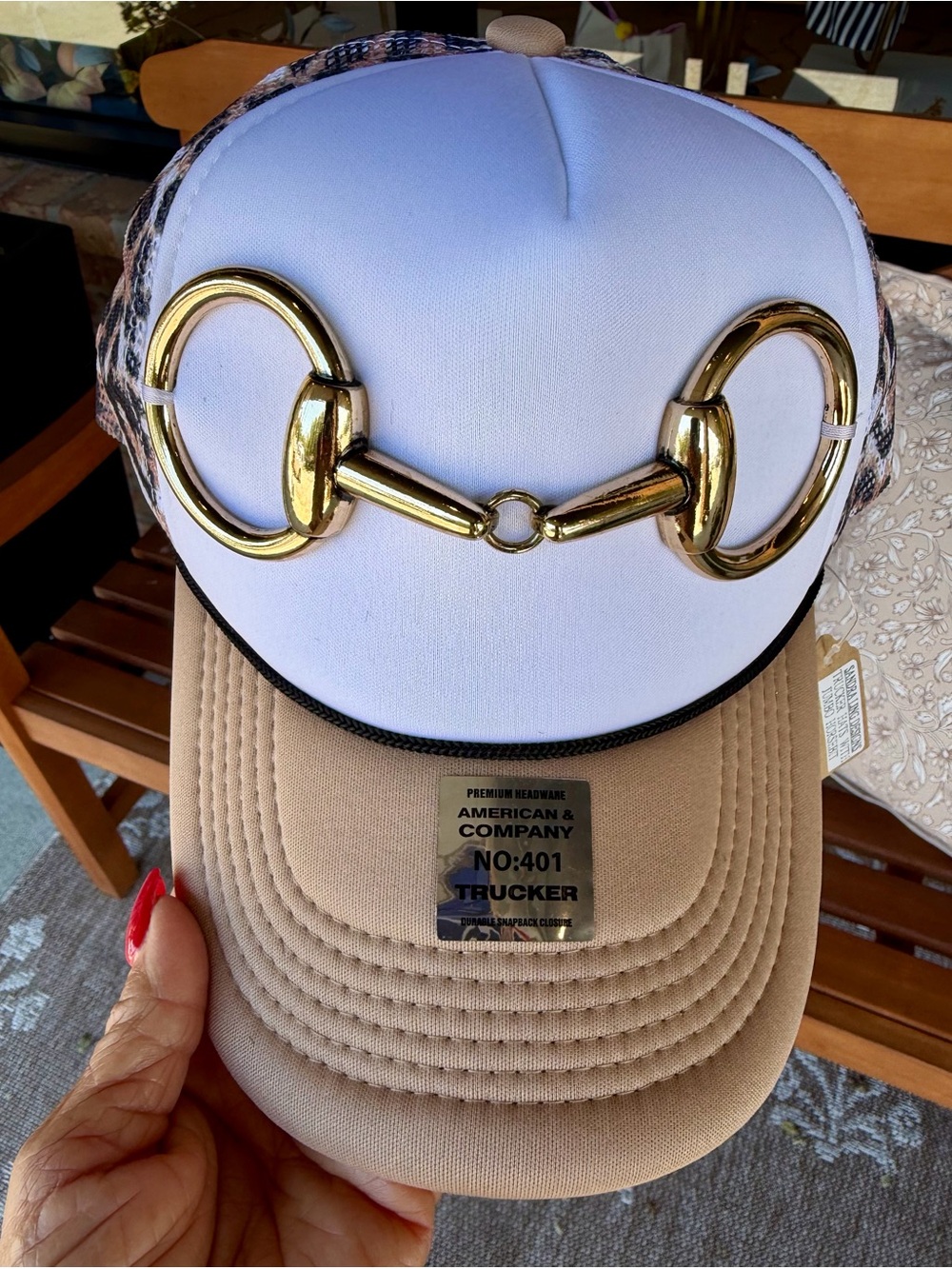 Leopard, White & Beige Trucker Hat w/ Large Gold Snaffle Bit Accent